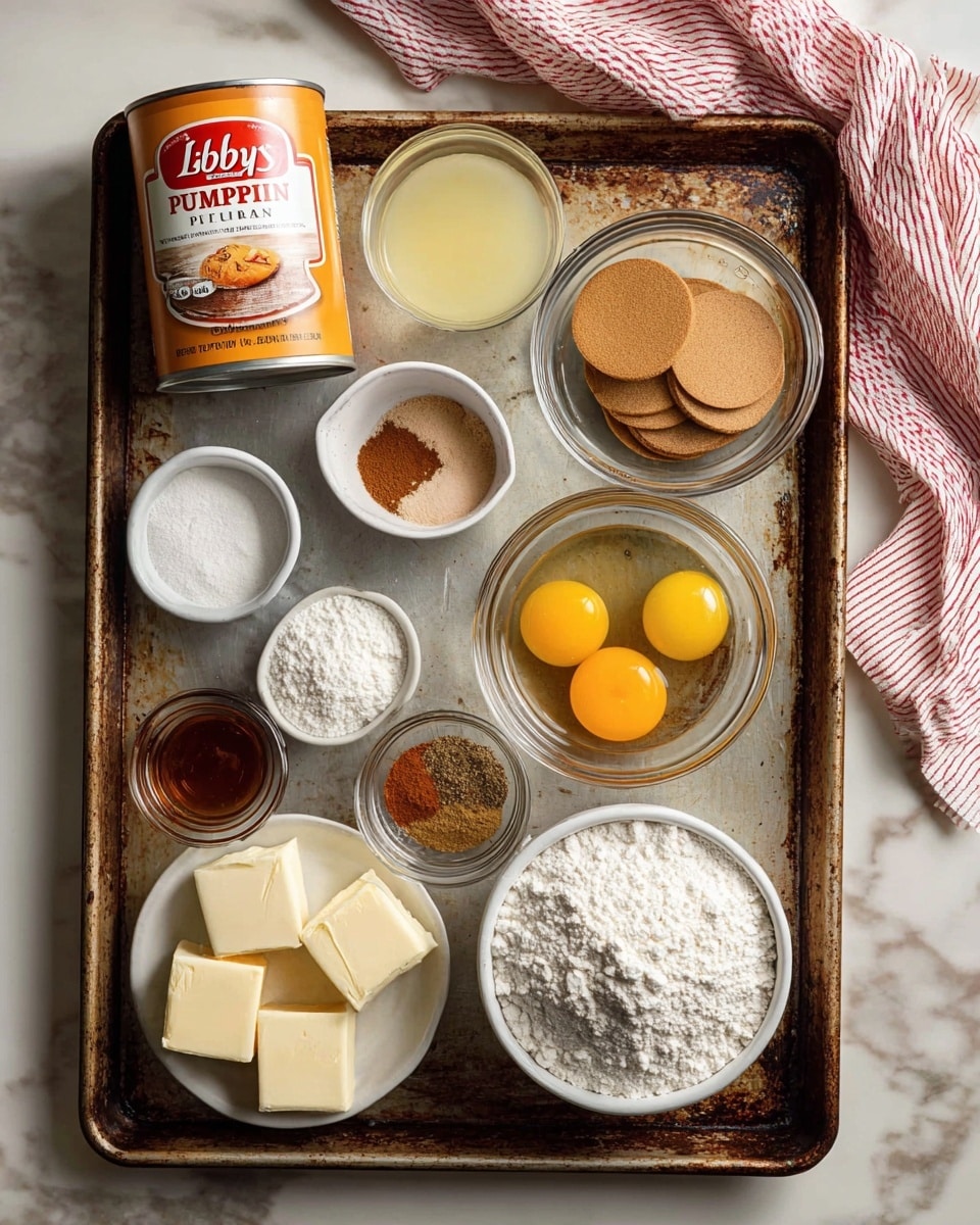 A worn metal baking tray holds an assortment of baking ingredients arranged neatly in small white bowls and clear glass containers, all placed on a white marbled surface. In the top left corner, an orange-yellow-tinted can labeled