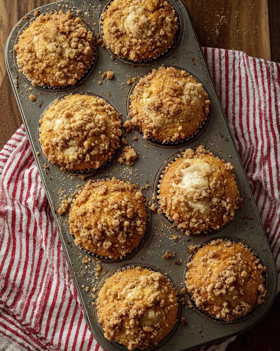 A metal muffin tray filled with nine golden-brown muffins, each topped with a crumbly streusel layer that is slightly lighter and looks crunchy. The muffins are rounded on top with uneven textured surfaces and some scattered crumbs around the edges. The tray rests on a wood surface with a folded red-and-white striped cloth nearby. photo taken with an iphone --ar 4:5 --v 7