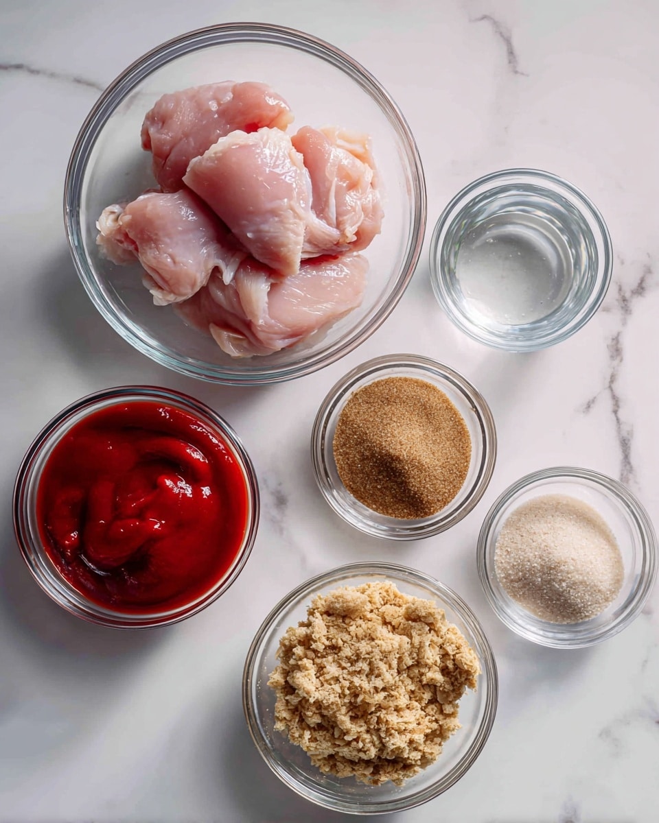 The image shows five clear glass bowls placed on a white marbled surface, each containing a different ingredient. In the center back, the largest bowl holds pale pink raw boneless and skinless chicken thighs stacked loosely. To the front left, a smaller bowl is filled with thick, bright red ketchup. Next to it on the right, another small bowl contains light brown, coarse brown sugar. To the front right, a bowl filled with a dry, crumbly onion soup mix, which is a mix of light beige and brown flakes. Lastly, behind the onion soup mix to the right, a small bowl holds clear water. Each bowl is spread out clearly, and the lighting highlights the textures and colors naturally. Photo taken with an iphone --ar 4:5 --v 7