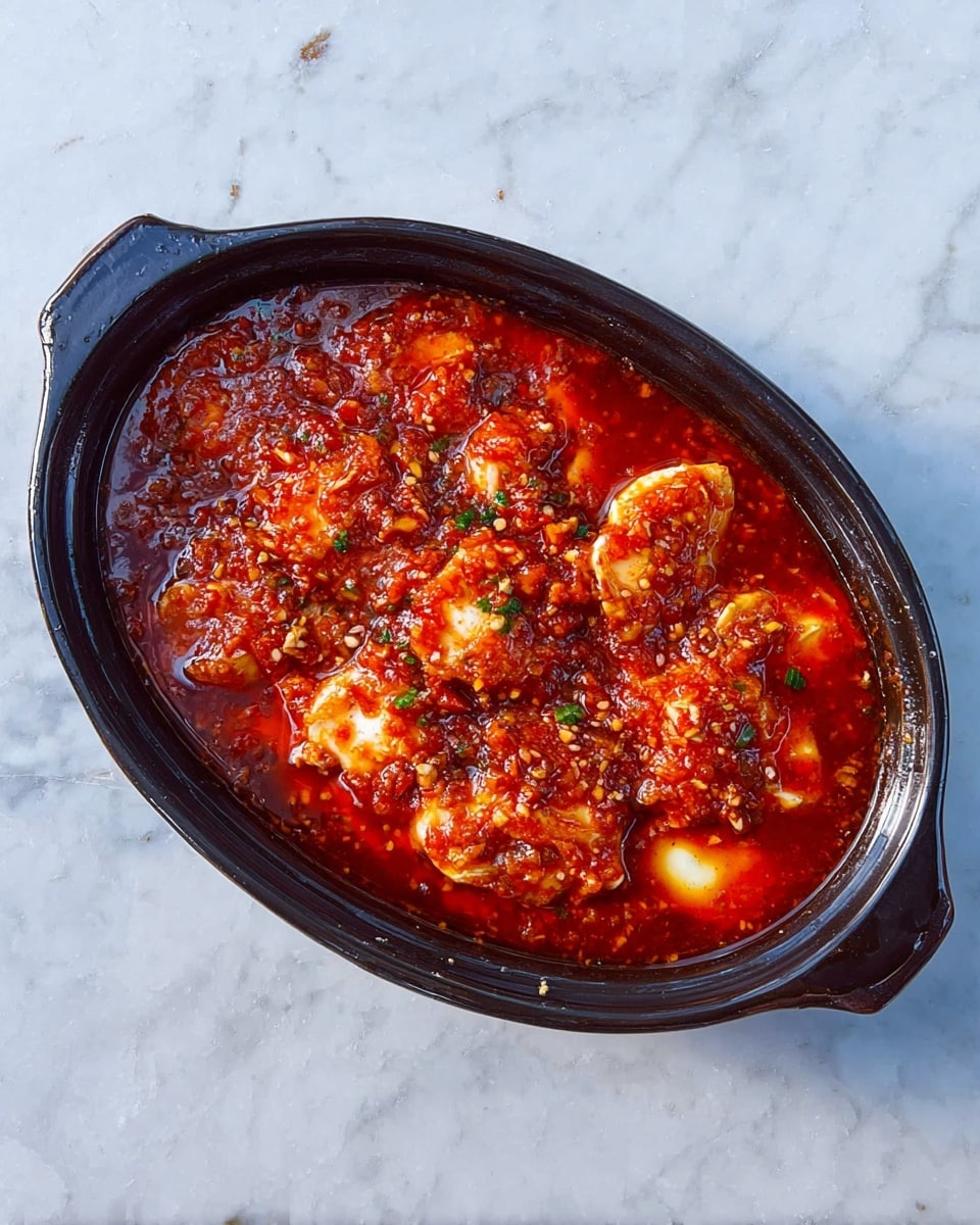 An oval black dish filled with a thick bright red sauce with visible small bits and pieces mixed in. Below the sauce, there are layers of creamy white pieces that seem soft and tender, partially covered by the glossy, vibrant sauce. The dish is set on a white marbled surface, showing the rich color contrast between the sauce and the creamy pieces. The handles of the dish are clearly visible on each side. photo taken with an iphone --ar 4:5 --v 7