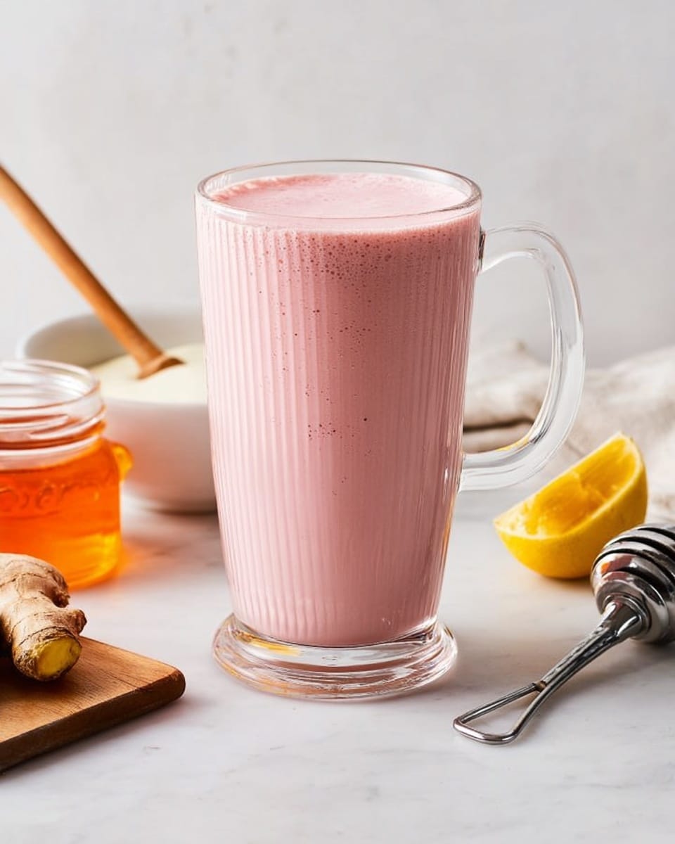 A tall clear glass mug filled with a smooth, thick pink drink that reaches almost to the top, showing tiny bubbles on its surface and vertical ridges on the glass. Behind the mug, there is a white bowl with a creamy white substance and a wooden stick resting inside. To the left, a small glass jar of orange honey with a wooden dipper inside is visible, along with a piece of peeled root on a small wooden board. On the right side, a metal lemon squeezer with a bright yellow lemon half sits on the white marbled surface. The background is plain white, creating a clean and fresh look. Photo taken with an iphone --ar 4:5 --v 7