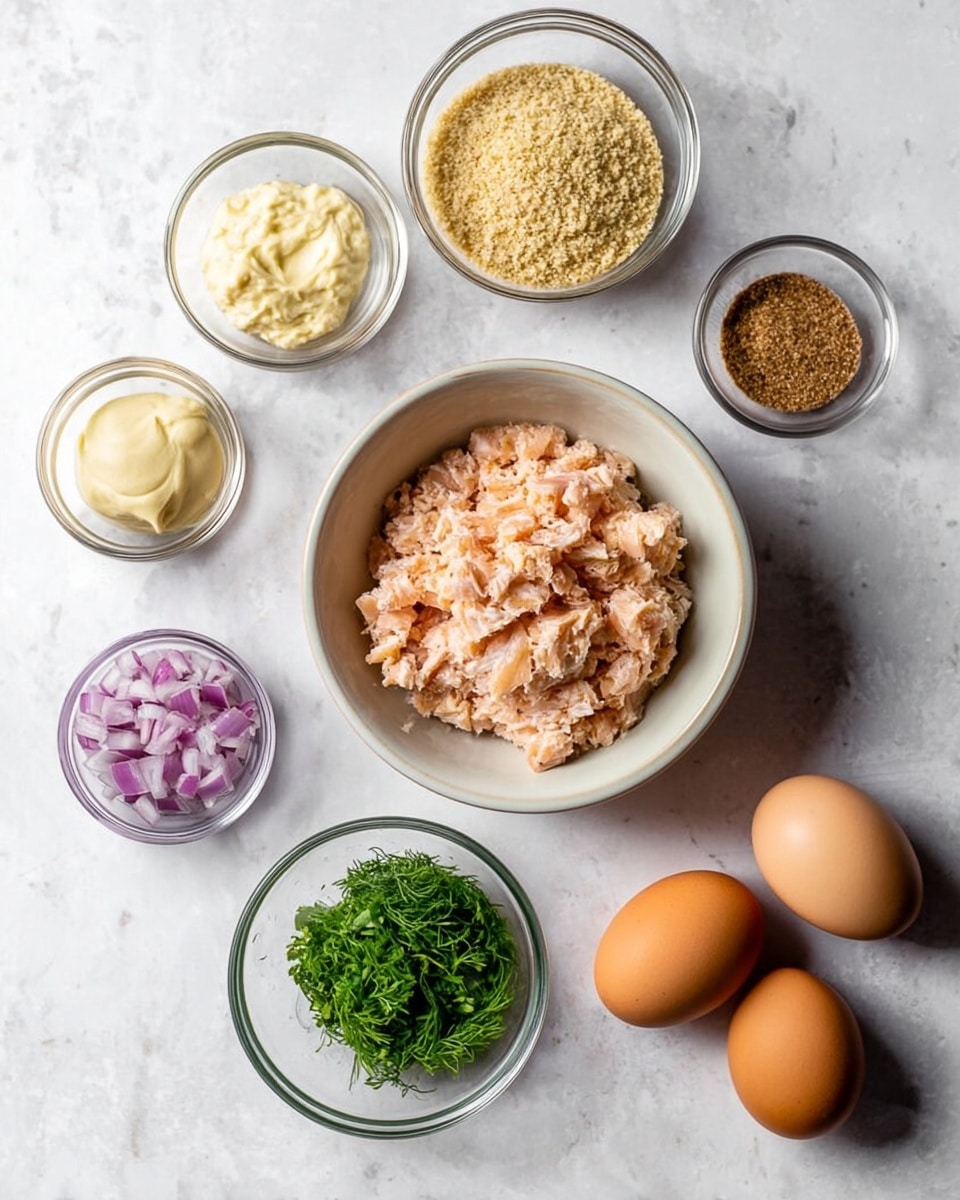 The image shows several small white bowls and glass bowls placed on a white marbled surface. In the center is a white bowl filled with light pink chunks of shredded salmon. Surrounding it are six bowls: one with crushed breadcrumbs, one with a pale yellow creamy dollop, one with a beige dollop of mustard-like sauce, one with finely chopped red onions, one with chopped fresh green dill, and one with a small amount of brown ground spice. To the right of the bowls are two brown eggs resting on the white marbled surface. Photo taken with an iphone --ar 4:5 --v 7