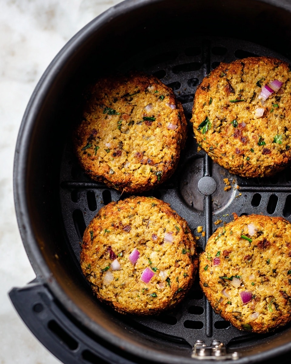 Four round patties with a golden brown color and a rough, crumbly texture sit in a circular black air fryer basket. Each patty has small pieces of herbs and diced red onions visible within, giving spots of green and purple hues. The patties have slightly uneven edges and look crispy on the outside. The basket has holes all over and is placed on a white marbled surface. Photo taken with an iphone --ar 4:5 --v 7