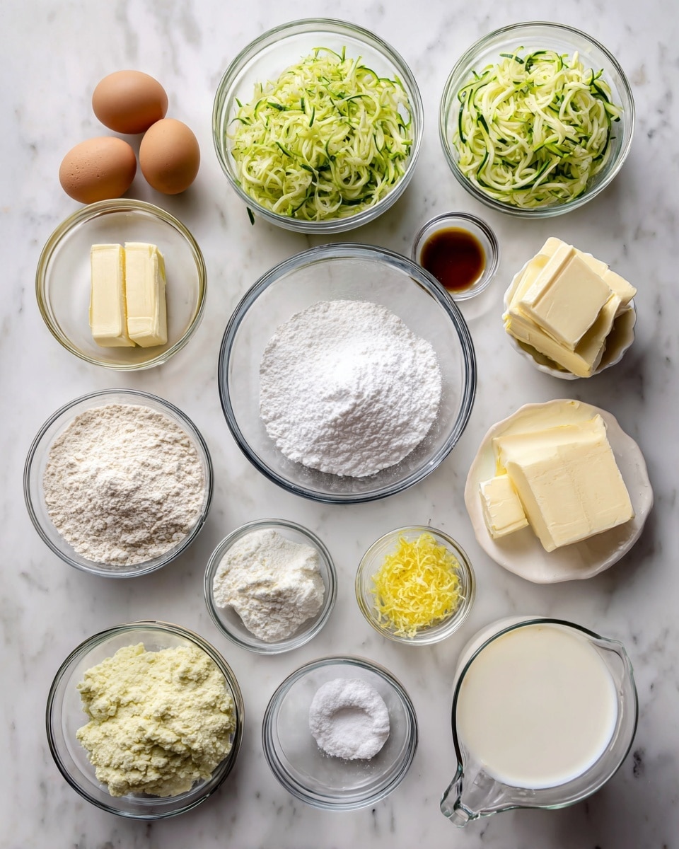 The image shows an arrangement of ingredients on a white marbled surface for baking. There are 14 items neatly spread out in clear glass bowls or measuring cups: shredded zucchini with a light green and textured look in a bowl near the center top; white powdered sugar in a large bowl in the center; two eggs in a small bowl on the left; all-purpose flour in a bowl at the bottom left; granulated sugar in a bowl at the bottom right; small amounts of baking soda and salt in tiny clear bowls near the middle; a small bowl of lemon zest with tiny yellow shreds; vegetable oil in a clear measuring cup on the top left; butter sticks stacked on the top right; cream cheese in a bowl near the top right; lemon juice in a measuring cup on the right; milk in a small clear bowl at the bottom center; and vanilla extract in a tiny container near the center. Each item is clearly visible with bright natural lighting, the white bowls and cups showing off the textures and colors of each ingredient. photo taken with an iphone --ar 4:5 --v 7