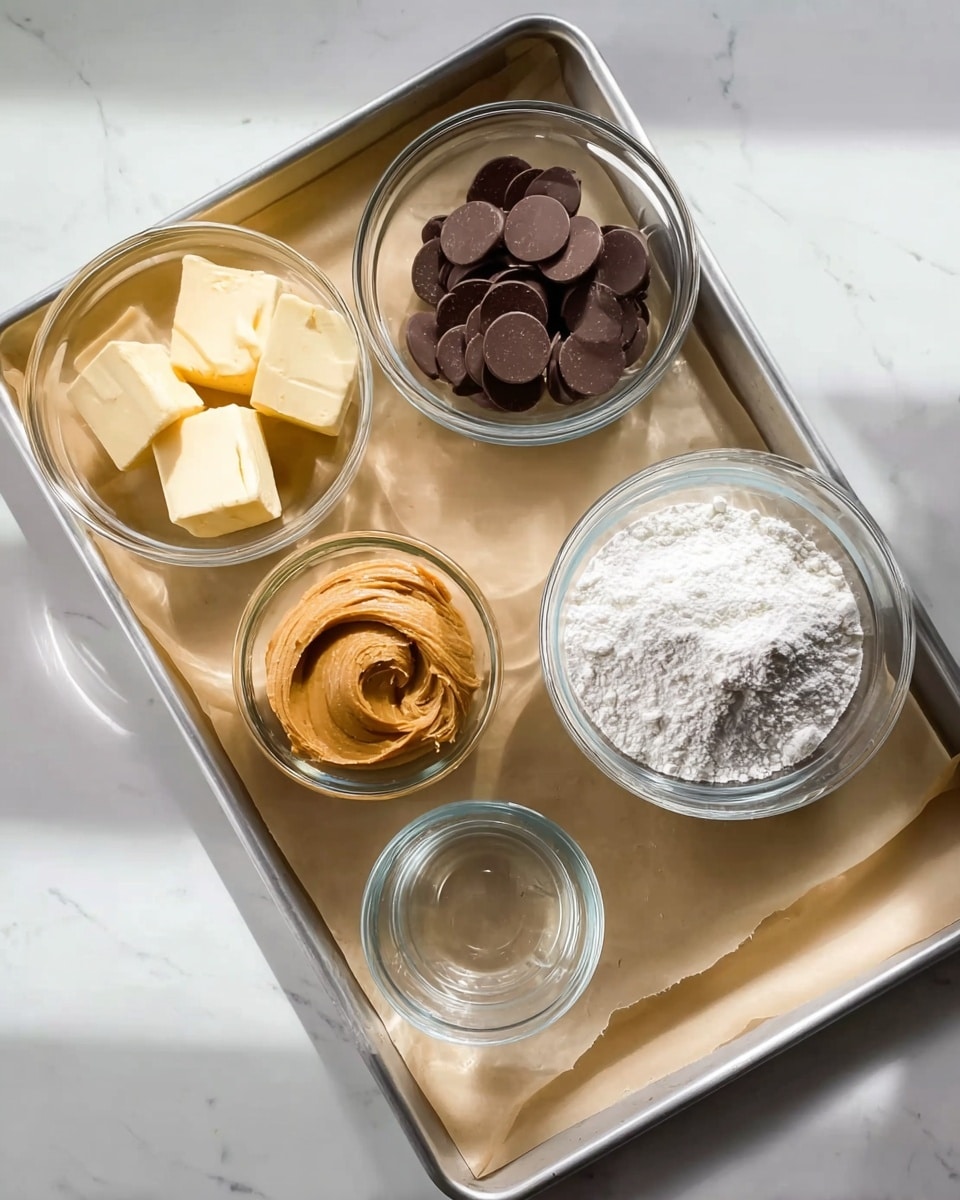 The image shows a white marbled surface with five clear glass bowls arranged around a baking tray lined with parchment paper on the right side. In the top left bowl, there are two pale yellow chunks of butter. To its right, there is a bowl filled with dark brown chocolate discs, smooth and round. Below the butter is a bowl filled with a white powdery substance, likely sugar or flour, with a soft, fine texture. To the bottom left, a bowl holds creamy light brown peanut butter with a slightly rough texture. In front of the peanut butter bowl are two smaller empty glass bowls, one stacked inside the other. The baking tray is silver metal with a shiny edge, and the parchment paper is light tan, covering the tray fully. The whole scene is lit with soft natural light coming from the top left, creating gentle shadows. Photo taken with an iphone --ar 4:5 --v 7