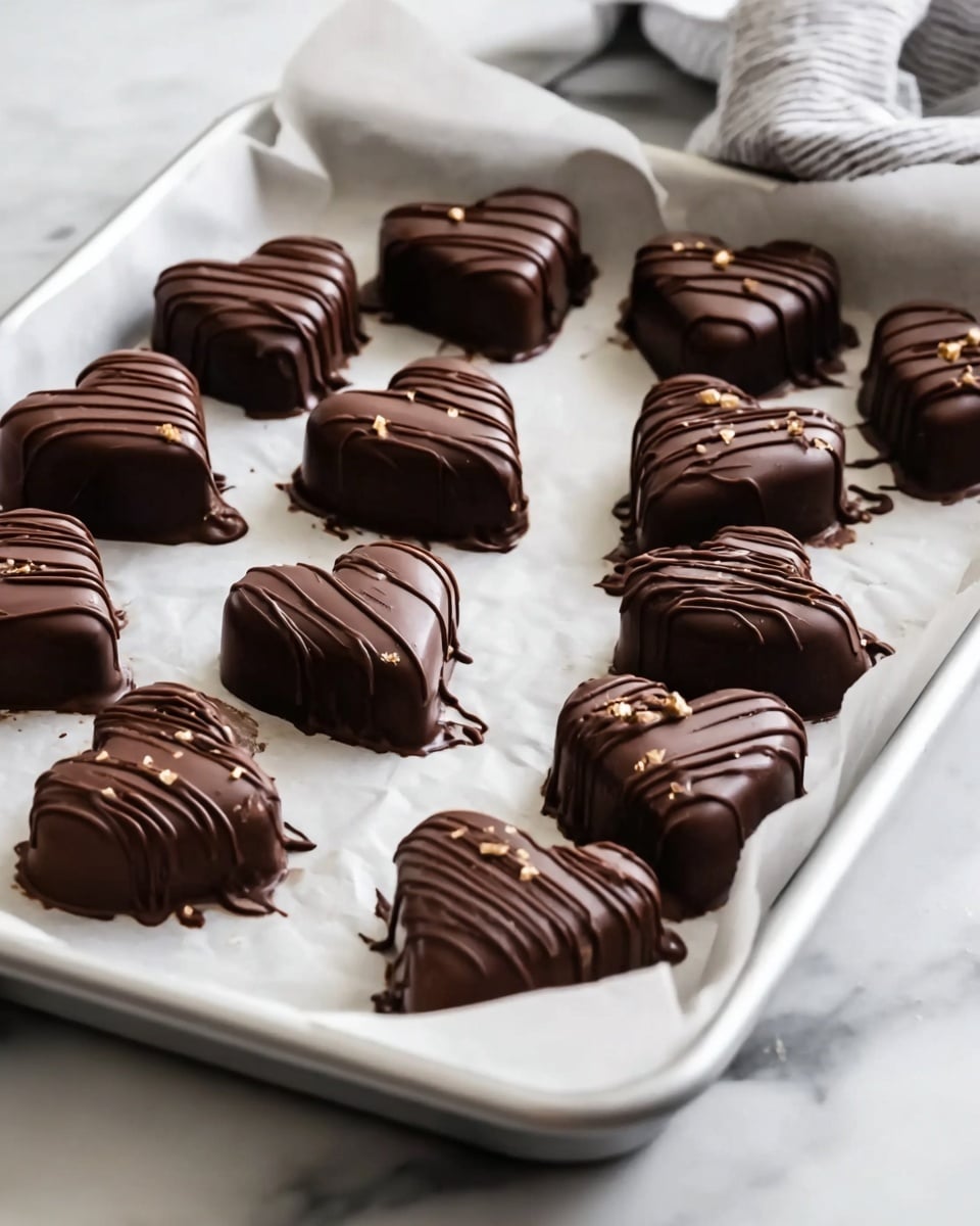 The image shows a white tray lined with parchment paper holding eleven heart-shaped chocolates placed in four rows. Each chocolate is smooth, covered in dark brown chocolate, and decorated with drizzled thin lines of the same chocolate in various patterns. The tray sits on a white marbled surface, and the background is softly blurred to keep the focus on the chocolates. Photo taken with an iphone --ar 4:5 --v 7