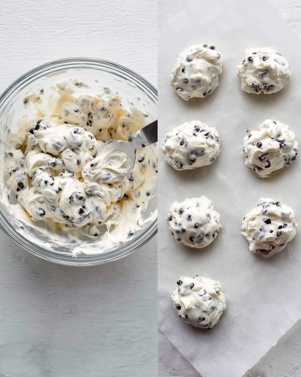 The image shows a clear glass bowl filled with white creamy mixture holding many dark, small round pieces, being mixed with a spoon. Next to it, there is a white marbled surface with five small dollops of the same creamy mixture and dark pieces placed on parchment paper, spaced apart and ready to set. The creamy texture is smooth and thick, while the dark pieces create a speckled look throughout the mixture. photo taken with an iphone --ar 4:5 --v 7