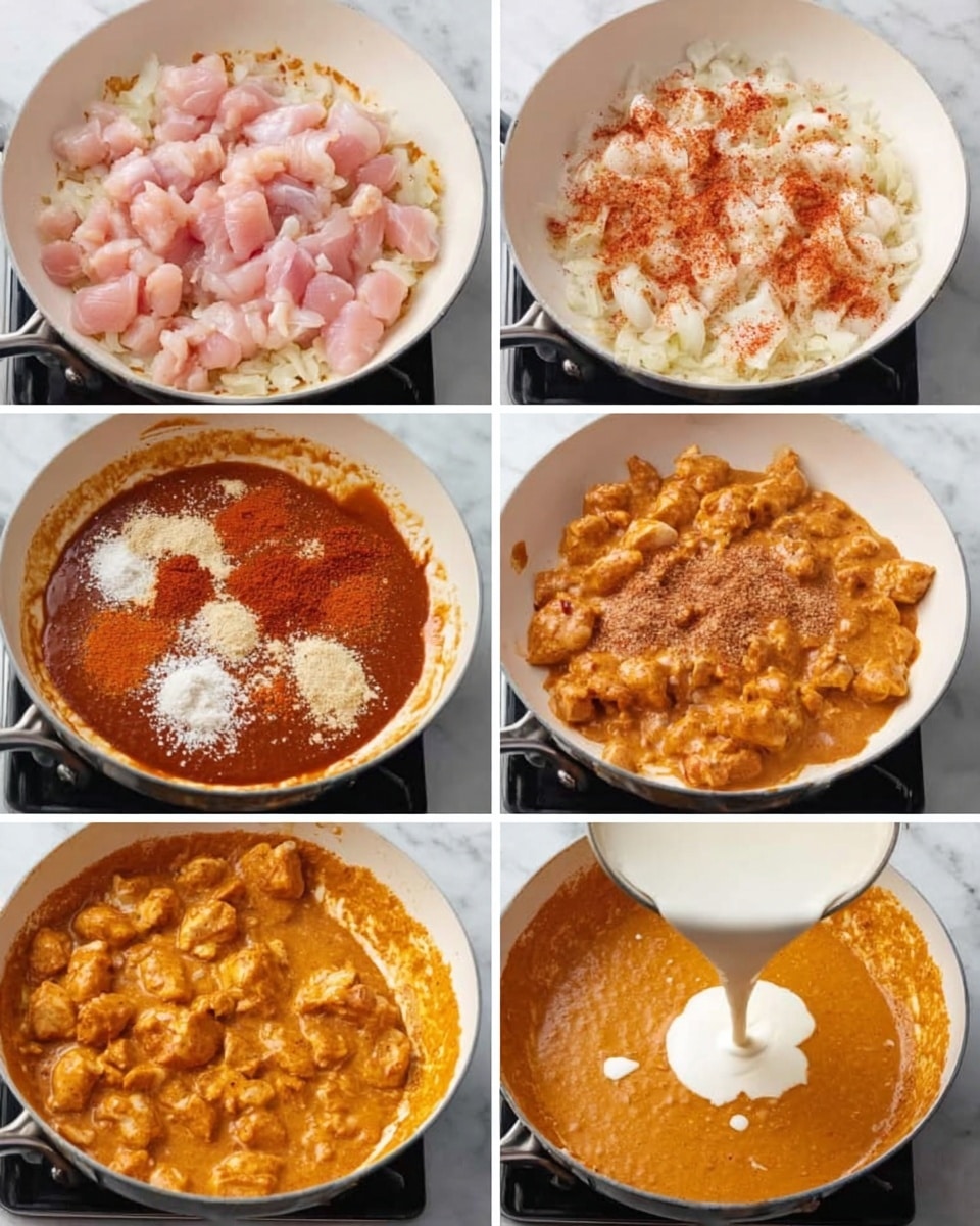 The image shows six stages of cooking a creamy chicken dish in a white pan on a stove, set on a white marbled surface. In the first stage, raw chopped pink chicken pieces sit on top of a bed of light yellow onions and spices. The second stage shows the chicken turning white and firm, with reddish spices sprinkled over it. The third stage depicts the chicken fully mixed and coated with a dark orange-red thick sauce. In the fourth stage, white cream and light brown spices with some white granules have been added on top of the chicken sauce. The fifth stage shows cream being poured into the sauce, turning it more orange and smooth. The last stage is a fully cooked dish with a thick, evenly orange creamy sauce and tender chicken pieces, filling the pan. Photo taken with an iphone --ar 4:5 --v 7
