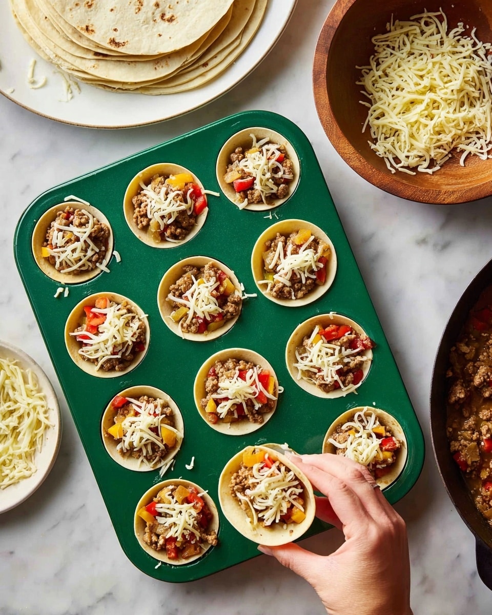 A green muffin tray filled with twelve small tortillas pressed into each cup creating shells, each layered with cooked ground meat mixed with small pieces of red and yellow bell peppers and onions, topped with white shredded cheese on some. A white marbled surface underneath holds a white plate with tortilla wraps stacked on the left and a wooden bowl filled with shredded cheese at the top. On the right side, a cast iron pan contains the cooked meat and vegetables. A woman's hand is seen placing shredded cheese onto one tortilla shell in the tray. photo taken with an iphone --ar 4:5 --v 7