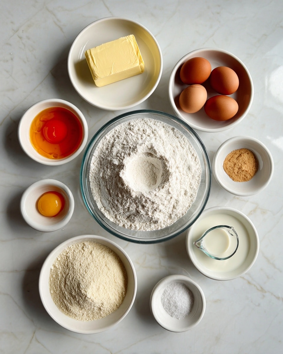 A clear glass bowl in the center is filled with white flour piled high with a small hollow in the middle; surrounding it are seven white bowls and a glass measuring cup. One white bowl holds a block of yellow butter, another has three brown eggs, a small bowl contains orange zest, another has white sugar, one has light brown yeast, a small bowl holds salt, and a white bowl has a clear liquid. The glass measuring cup is filled about halfway with milk. All bowls are placed on a white marbled surface in a neat, circular pattern around the larger bowl. Photo taken with an iphone --ar 4:5 --v 7