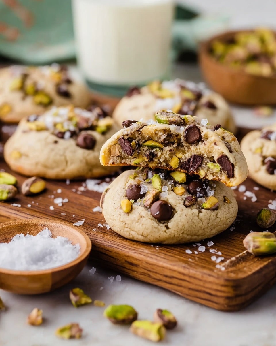 The image shows soft, thick cookies topped with chocolate chips and chopped pistachios, placed on a wooden board. One cookie is split in half and balanced on top of another, revealing a light beige inside with chocolate chips scattered throughout. The cookies have a slightly cracked and textured surface with visible pistachio pieces adding green and brown spots. Around the board, there are loose pistachios and coarse salt crystals scattered, with a small wooden bowl filled with white salt visible in the background. The scene is set on a white marbled surface, with a glass of milk blurred softly in the background. Photo taken with an iphone --ar 4:5 --v 7
