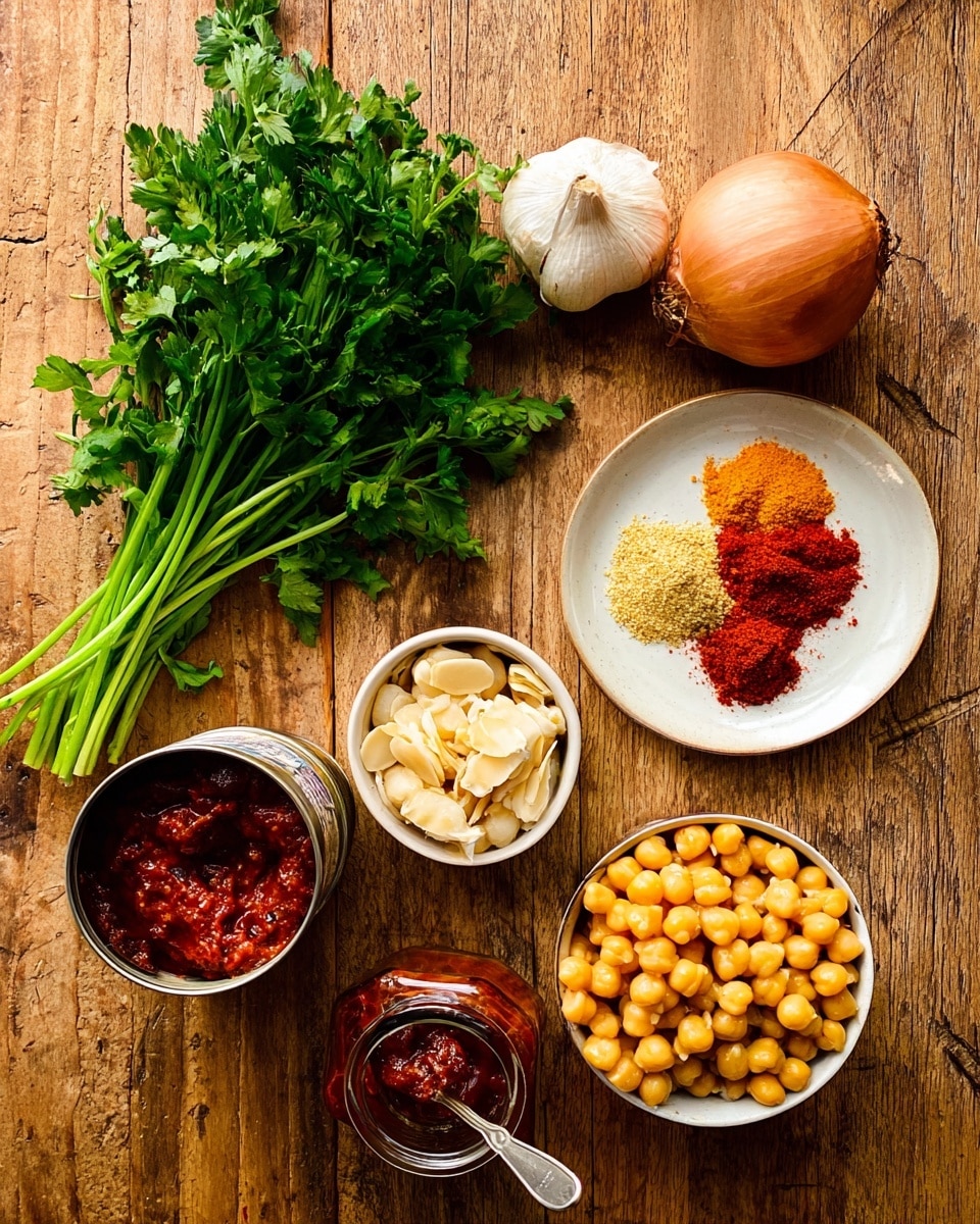 The image shows several cooking ingredients laid out on a wooden surface. At the top left, there is a bunch of fresh green parsley with long stems and leaves. Below the parsley are two whole garlic cloves and a whole brown onion with its skin on. To the right of the garlic and onion, there is a small white plate holding three piles of colorful spices, including red and yellow powders. Below that, a small white bowl is filled with pale almond flakes. To the right, there is a small glass jar filled with a dark red chili paste with a spoon inside. Near the bottom right, a white bowl is full of yellowish chickpeas. At the bottom left, an open tin can reveals thick red tomato paste inside, with the lid slightly bent backward. The whole setup is arranged on a wooden table with a natural pattern and light to dark brown tones. photo taken with an iphone --ar 4:5 --v 7