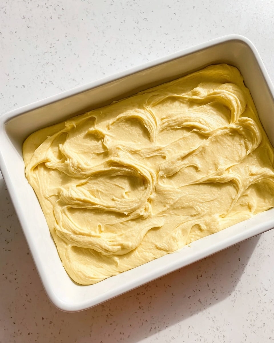 A close-up of a rectangular white baking dish filled with a thick layer of smooth, creamy dough or batter that is pale yellow in color. The dough is spread evenly with soft swirls and peaks on the surface. The dish is placed on a white marbled texture surface. photo taken with an iphone --ar 4:5 --v 7
