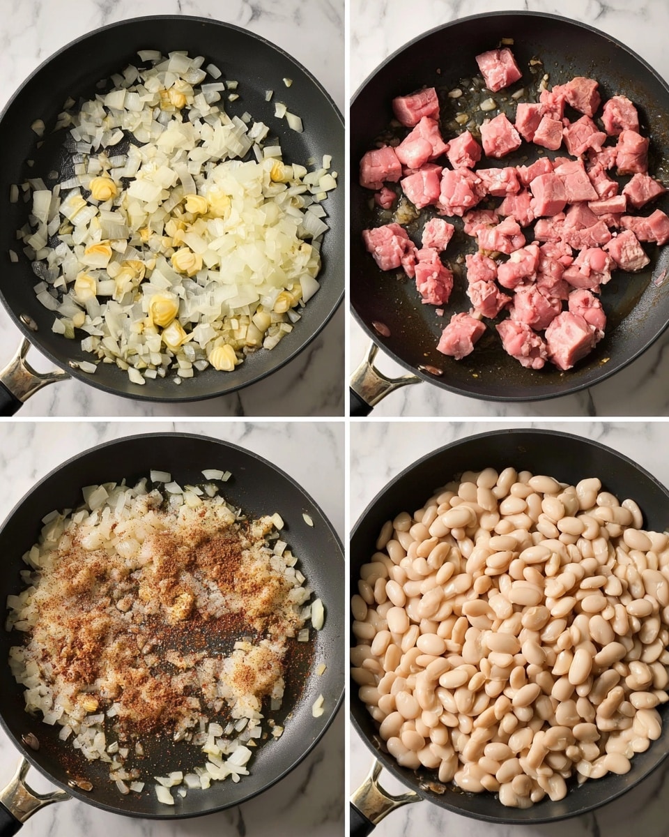 The image shows four stages of cooking in a black pan placed on a white marbled surface. The first stage (top left) has a layer of finely chopped onions and small pieces of garlic with a pale yellow color, spread evenly across the pan’s surface. The second stage (top right) adds raw pink chunks of meat on top of the onions, clustered in the center. The third stage (bottom left) shows the same meat slightly seared with a brownish spice powder sprinkled over it, mixed with the translucent onions. The fourth stage (bottom right) adds a large pile of pale cream-colored beans covering most of the pan, with some browned meat and onions visible around the edges. photo taken with an iphone --ar 4:5 --v 7