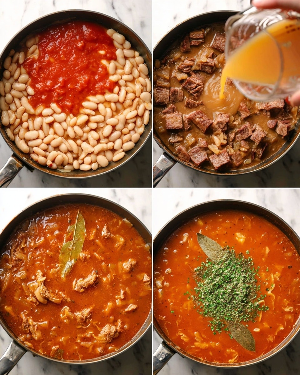 A close-up view of a large skillet showing four stages of cooking a bean stew with meat. In the first stage, white beans, brown chunks of meat, and cooked onions fill the pan with a bright red sauce poured on top in the center. Next, in the second stage, a woman's hand is pouring light brown liquid broth from a clear measuring cup into the pan, mixing with the beans and meat. The third stage shows the stew thickened with the red sauce fully mixed in, with a bay leaf and black pepper sprinkled on the surface. In the last stage, the thick stew is topped with a small pile of finely chopped green herbs in the center, floating on the rich orange-red sauce with beans and meat pieces visible beneath, all on a white marbled surface. Photo taken with an iphone --ar 4:5 --v 7