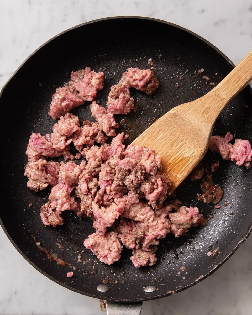 A black frying pan filled with unevenly cooked ground meat pieces showing a mix of pink and brown colors, some parts more browned with crisp edges while others remain raw and soft. A wooden spatula is in the pan, lifting a cluster of the meat near the bottom center. The pan is set against a white marbled surface that softly contrasts with the dark pan. Photo taken with an iphone --ar 4:5 --v 7