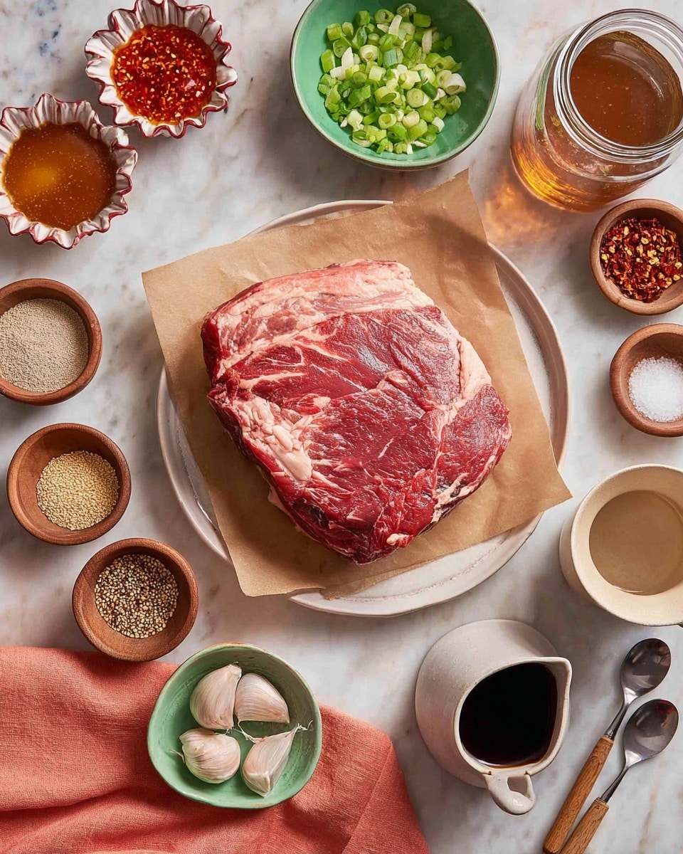 A large piece of raw red meat with light white fat marbling sits centered on a piece of brown parchment paper atop a white round plate, all placed on a white marbled surface. Surrounding the plate are various small bowls and jars: to the top left, a scalloped bowl with a bright red sauce with seeds, next to a small green bowl with a brown liquid; above the plate to the right, a wooden bowl filled with chopped green onions, a jar with amber liquid, and a small wooden bowl of salt. To the bottom left, a wooden bowl with sesame seeds, a scalloped bowl with ground brown spice, and a glass jar of honey with a wooden dipper on a soft coral cloth. Near the bottom center, a small greenish bowl holds peeled garlic cloves, and beside it a small dish with red chili flakes. To the right side, two metal spoons with wooden handles and a white ceramic cup filled with a dark liquid sit near a small beige pouring cup. The overall arrangement is neat and colorful, shown under natural light, photo taken with an iphone --ar 4:5 --v 7