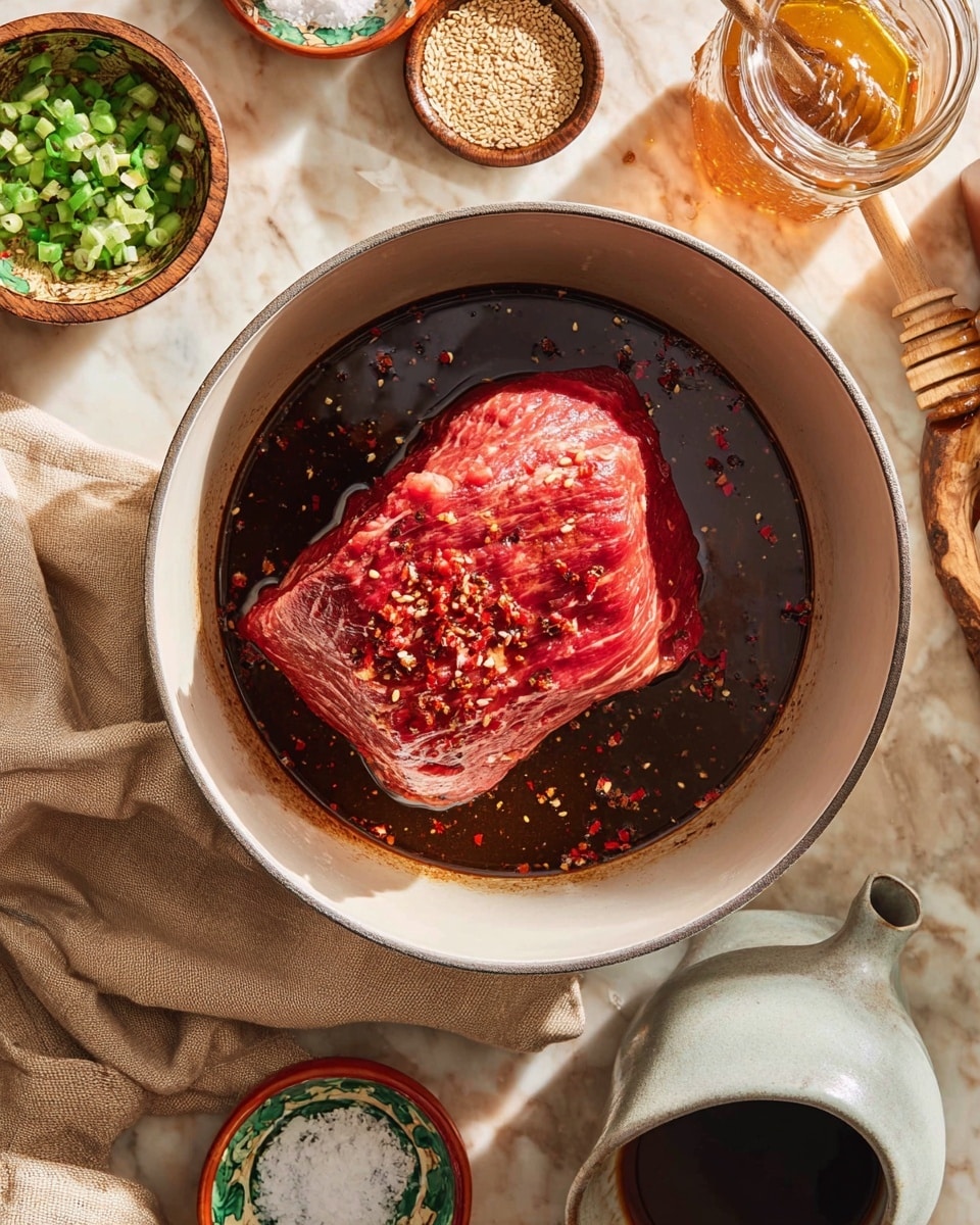 A large piece of raw red meat sits in the middle of a white pot filled with dark brown marinade with tiny red flakes floating in it. A light gray cup near the bottom right corner pours more dark sauce over the meat. Around the pot, there are small wooden bowls with chopped green onions, white coarse salt, red chili flakes on a green pattern bowl, and sesame seeds, all placed on a white marbled surface. A glass jar of honey with a wooden dipper is also visible near the top right corner. The scene has warm lighting and a beige cloth partially under the pot. Photo taken with an iphone --ar 4:5 --v 7