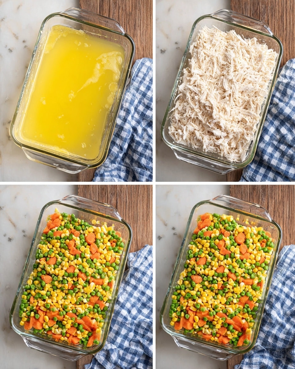 A clear rectangular glass dish sits on a white marbled surface with a blue and white checkered cloth nearby. The first image shows a single shiny layer of melted butter spread evenly inside the dish, creating a smooth yellow base. In the second image, there is a thick, even layer of shredded white chicken covering the butter, adding a soft, fibrous texture. The third image adds a colorful mixture of veggies on top of the shredded chicken, with green beans, orange carrots, yellow corn, and green peas scattered evenly, forming a vibrant, multi-colored final layer. Photo taken with an iphone --ar 4:5 --v 7
