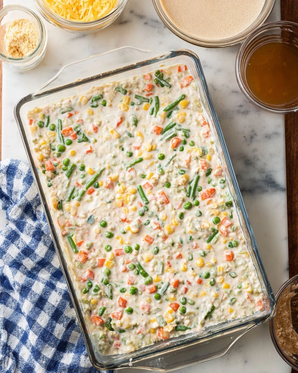 A clear glass rectangular baking dish with two small handles filled with a creamy white mixture that contains scattered pieces of green beans, diced orange carrots, green peas, and yellow corn evenly mixed throughout, creating a colorful texture of small vegetable bits in the creamy layer. The dish is set on a white marbled surface with a blue and white checkered cloth partially visible under one corner. Surrounding the baking dish are a few glass bowls and jars holding yellow mustard, a foamy brown liquid, and a pale creamy substance. Photo taken with an iphone --ar 4:5 --v 7