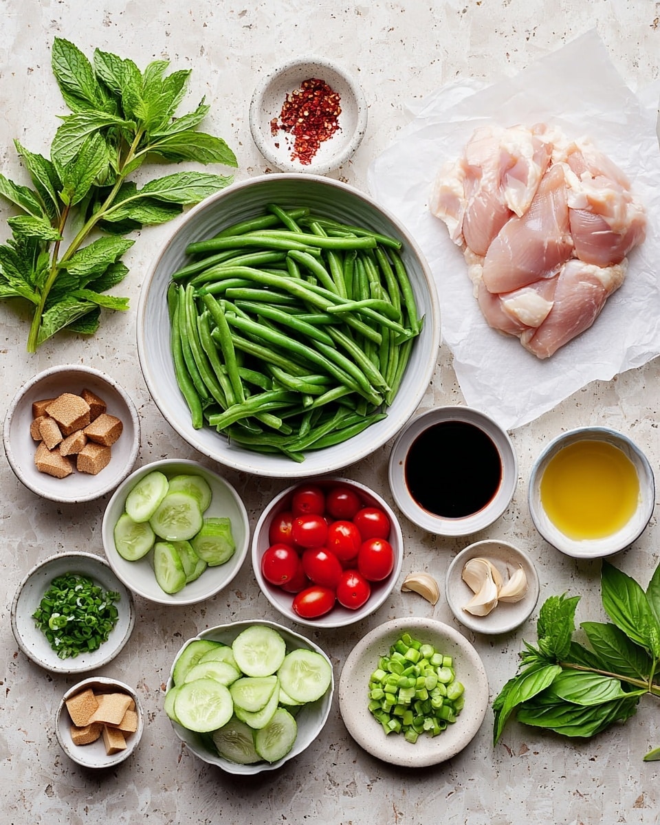 The image shows several white bowls and small dishes arranged on a white marbled surface. The largest white bowl in the center is filled with fresh green beans cut into pieces. To the right, raw chicken sits on white parchment paper. Around these main items, colorful small bowls hold sliced cucumbers, bright cherry tomatoes cut in half, light brown sugar, dark soy sauce, and a pale yellow liquid, possibly lime juice. Small dishes contain sliced ginger, whole garlic cloves, chopped green onions, black peppercorns, salt, and chili flakes. Fresh herbs like mint, cilantro, and basil leaves are spread out on the left and right edges. The overall setup feels fresh and orderly. Photo taken with an iphone --ar 4:5 --v 7