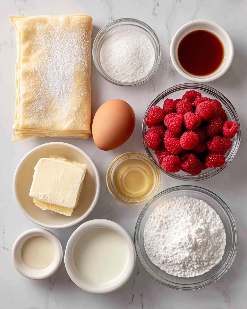 The image shows different ingredients for a dessert arranged neatly on a white marbled surface. On the left side, there is a folded sheet of puff pastry with a light beige color and a dusting of flour on top. In the middle, there is a single brown egg, a small glass bowl containing a block of white cream cheese, and a small white bowl with a light brown liquid labeled as vanilla extract. Toward the top right, a glass bowl is filled with bright red raspberries, full and fresh-looking. Below the raspberries, there is a white bowl holding granulated white sugar and another clear glass bowl with powdered sugar that looks soft and fluffy. There is a small white bowl with some milk and a tiny white bowl containing a pale yellow liquid labeled as lemon juice. Above the puff pastry, a small white bowl contains a mixture of sugar and cornstarch, which is white and powdery. Photo taken with an iphone --ar 4:5 --v 7