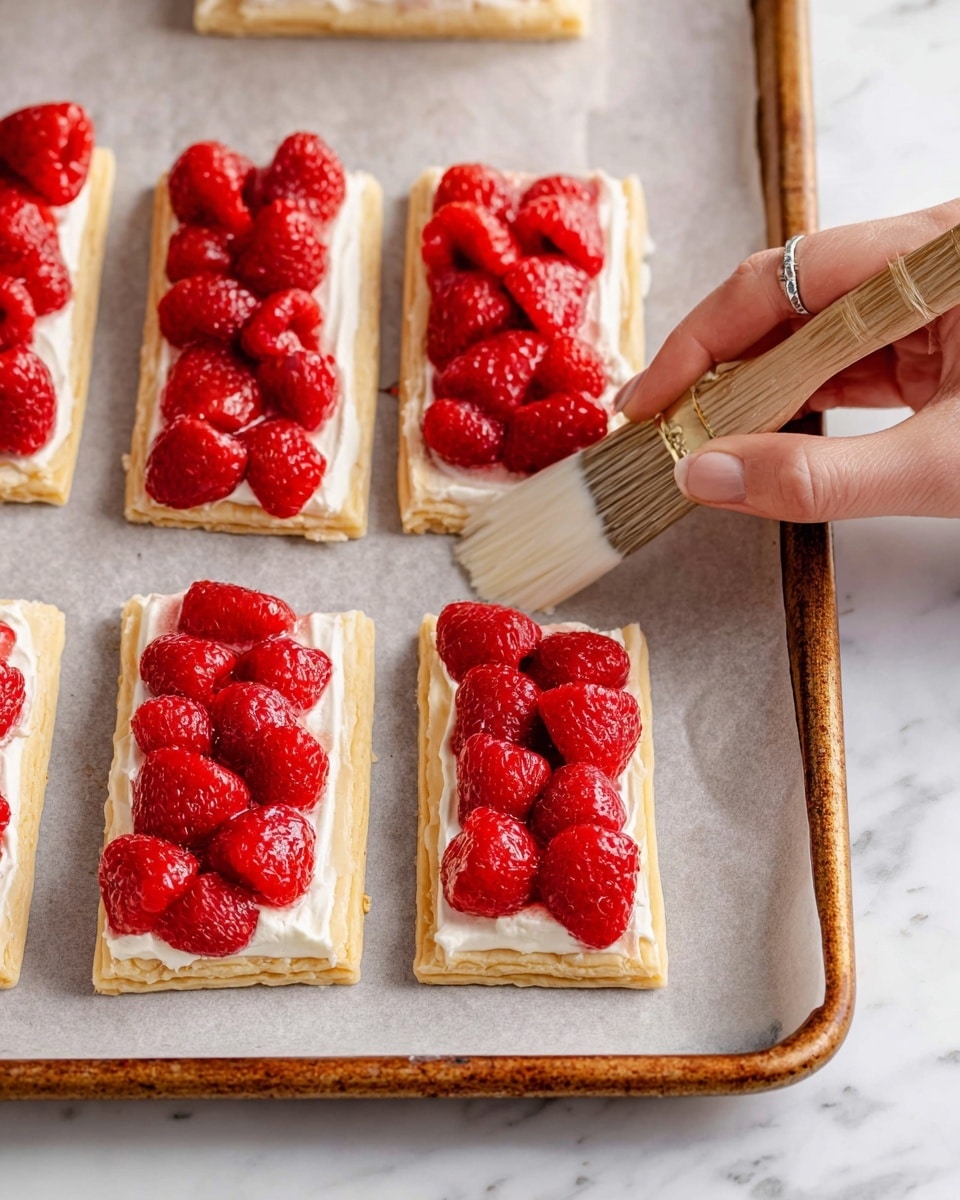 Six rectangular pastries are placed on a baking tray lined with parchment paper. Each pastry has three layers: the bottom layer is light golden dough, the middle layer is white cream spread evenly, and the top layer is made up of bright red, fresh raspberry halves covering the cream. A woman's hand with a small bracelet holds a wooden brush gently applying a glaze on the pastries. The tray rests on a white marbled surface. photo taken with an iphone --ar 4:5 --v 7