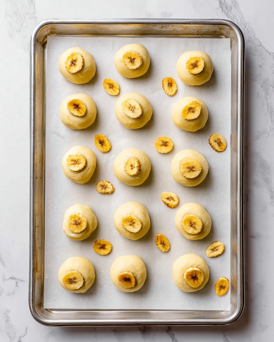 The image shows a metal baking tray lined with white parchment paper on a white marbled surface. On the tray, there are fifteen round, smooth pale yellow balls arranged in a grid pattern, each topped with a single dried banana chip. Around the balls, a few scattered small banana chip pieces add detail. The overall look is clean and orderly, with the pale yellow and light brown colors of the balls and chips standing out against the neutral background. photo taken with an iphone --ar 4:5 --v 7