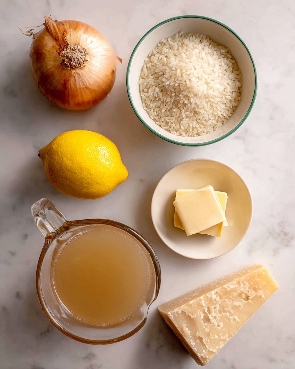 The image shows six cooking ingredients placed on a white marbled surface: a whole onion with yellow-brown skin in the top left corner; a white bowl with a green rim filled with small, white Arborio rice grains at the top right; a whole bright yellow lemon below the onion; a small, round white bowl filled with two rectangular yellow butter pieces near the center right; a clear glass measuring jug filled with light brown chicken or vegetable stock in the bottom left; and a large wedge of pale yellow Parmigiano Reggiano cheese positioned diagonally near the bottom right. Each ingredient is clearly labeled with text above it. Photo taken with an iphone --ar 4:5 --v 7