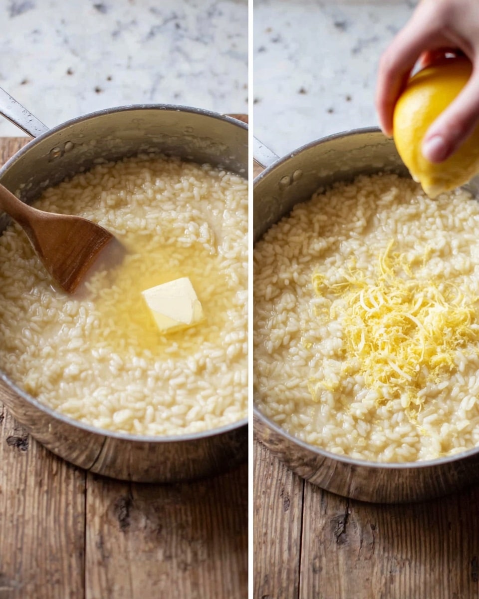 The image shows two close-up views of a pan filled with creamy risotto. In the left part, the risotto has melting butter in the center, with small soft rice grains in a light yellow creamy sauce, and a wooden spoon on the left edge of the pan. The pan itself is silver and sits on a rustic wooden surface. In the right part, a woman's hand is squeezing half a lemon over the risotto, adding fresh lemon juice and zest on the top, making the creamy texture appear a bit shiny. The background is a white marbled surface. photo taken with an iphone --ar 4:5 --v 7
