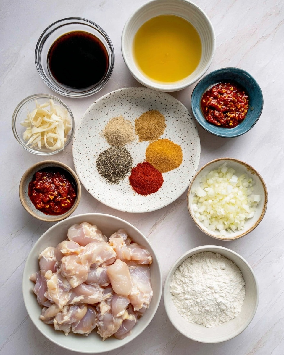 The image shows an arrangement of various cooking ingredients on a white marbled surface. In the bottom center, there is a large white bowl filled with raw, light pink chicken pieces. Above the chicken, there is a white speckled plate holding four piles of different powdered spices: black pepper and salt mix, yellowish granulated powder, red chili powder, and light beige powder arranged in a semi-circle. To the right of the plate is a small white bowl filled with finely chopped garlic. Above that is a small blue bowl containing a red chili paste with visible chili flakes. Above the chili paste, there is a small white bowl filled with a light yellow liquid. To the left of that, a clear glass bowl holds a very dark liquid, likely soy sauce. To the left of the soy sauce is shredded garlic with the peel still attached. Above the shredded garlic, there is a larger white bowl with a golden brown liquid inside. To the right of the large brown liquid bowl is a white bowl filled with white flour. The overall scene is bright with natural light, and the items are neatly arranged and clearly visible. photo taken with an iphone --ar 4:5 --v 7