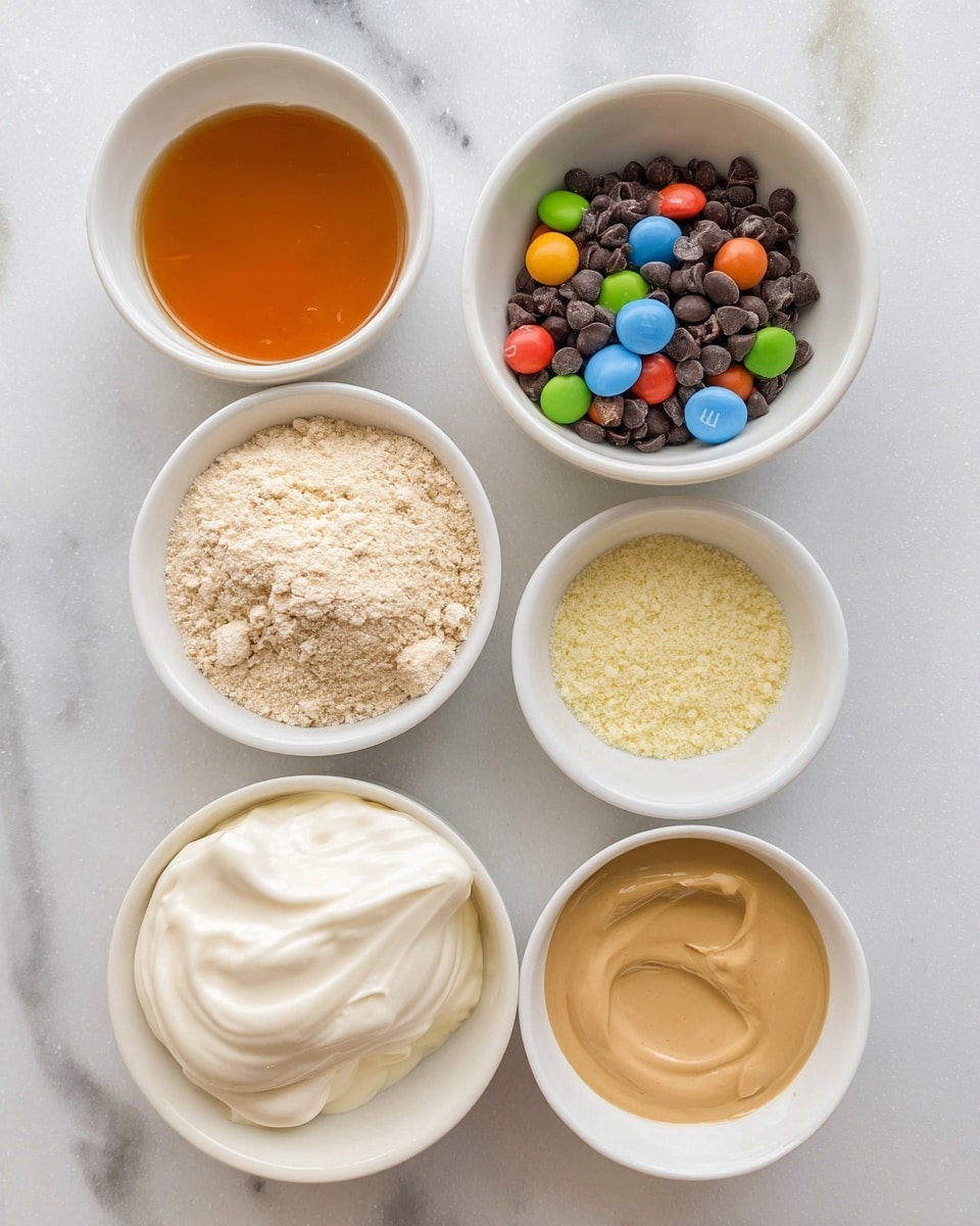 The image shows five small white bowls arranged on a white marbled surface. The top left bowl contains a clear amber liquid, the top right bowl holds a light beige coarse powder, the bottom right bowl is filled with a pale yellow powder, and the bottom center bowl contains a smooth, thick light brown liquid. The largest white bowl at the bottom left holds a dollop of thick, white creamy substance with a smooth texture. In the background, there is a small cream-colored bowl filled with dark chocolate chips mixed with colorful candy-coated chocolates. photo taken with an iphone --ar 4:5 --v 7