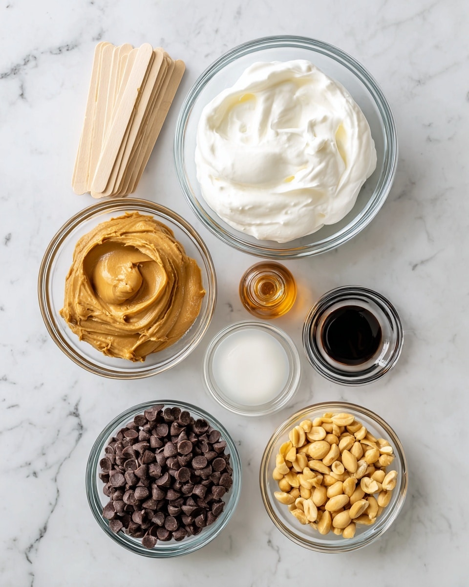The image shows clear glass bowls and a small bottle arranged neatly on a white marbled surface. In the top center, there is a large bowl filled with smooth white plain Greek yogurt. Surrounding it are smaller bowls: at the bottom left, a bowl with thick, creamy light brown peanut butter; at the bottom right, a bowl with dark brown chocolate chips; at the middle right, a bowl filled with golden roasted peanuts. Near the bottom center is a small bowl of soft white coconut oil, and in the middle just above the peanut butter bowl, a tiny clear bottle containing vanilla extract with a dark liquid inside. At the top left corner, a bundle of light wooden popsicle sticks rests on the marble surface next to a small container holding golden honey or maple syrup. The items are spaced evenly, showing clear textures and colors on a clean white marbled background. photo taken with an iphone --ar 4:5 --v 7