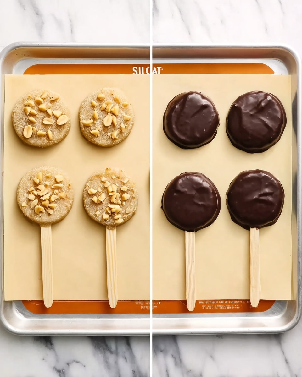 The image shows two side-by-side photos on a white marbled surface. Both photos display a baking tray with four round cookie pops, each on a small wooden stick. On the left side, the cookie pops are light beige with peanut pieces on top, giving a rough and textured look. On the right side, the cookie pops are fully covered with smooth, dark brown chocolate, creating a shiny finish and hiding the peanuts underneath. The tray has a white border and a pale beige silicone mat inside. The scene captures a top view, highlighting the contrast between the plain peanut cookies and the chocolate-covered ones. Photo taken with an iphone --ar 4:5 --v 7