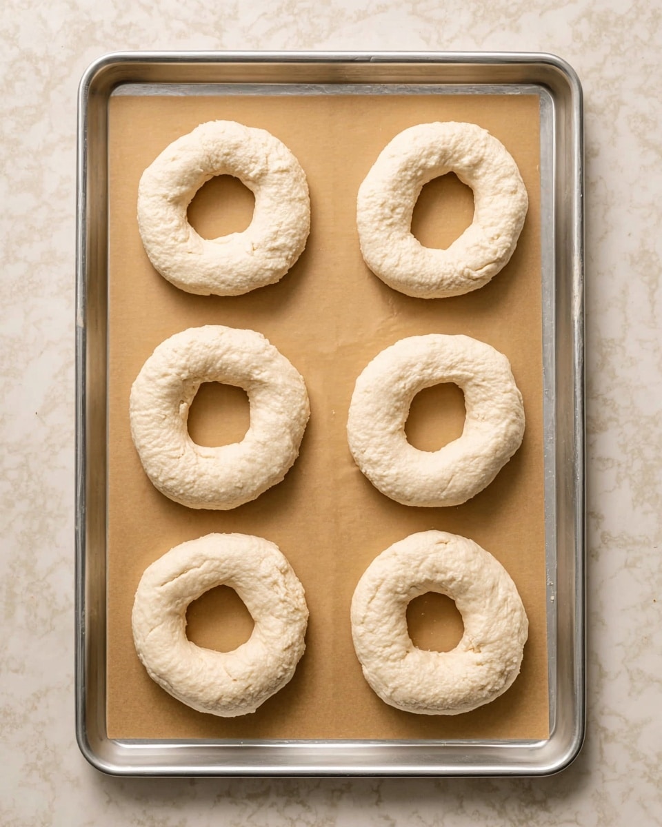 Six raw dough rings sit evenly spaced in two rows on a silver baking tray lined with light brown parchment paper. Each dough ring is pale off-white, slightly rough, and thick, with a hollow center and a soft, puffy texture. The tray rests on a white marbled surface, showing a clean and simple kitchen setting. photo taken with an iphone --ar 4:5 --v 7
