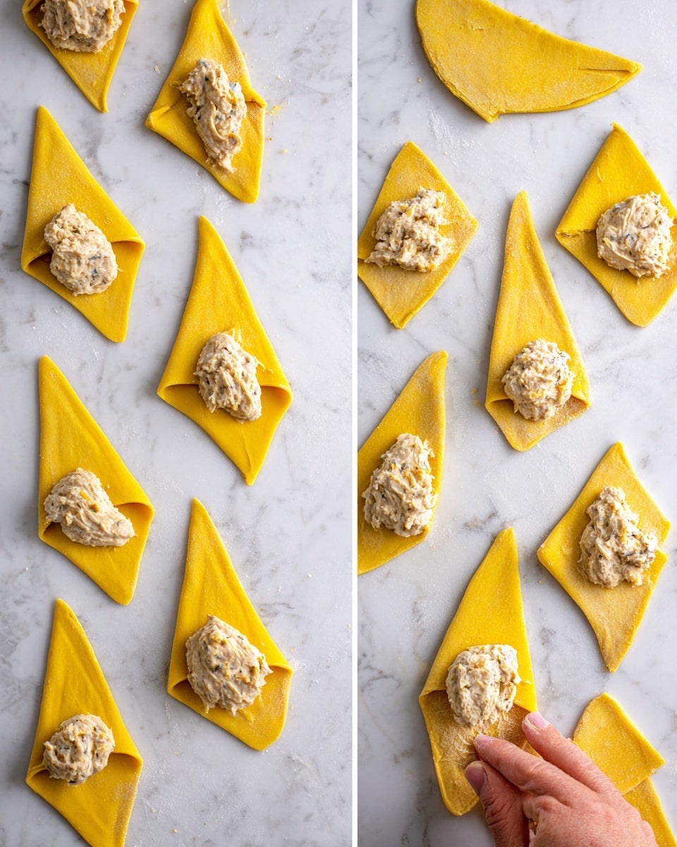 The image shows many yellow dough triangles laid flat on a white marbled surface. Each triangle has a small scoop of creamy filling, light beige with visible small chunks, placed near the wider base of the dough. Some triangles are left as they are, while others are partially rolled up from the wide end toward the pointed tip. One woman's hand is rolling one piece, showing how the dough folds over the filling to form a crescent shape. The dough has a smooth texture and a bright yellow color, while the filling looks soft and slightly chunky. Photo taken with an iphone --ar 4:5 --v 7