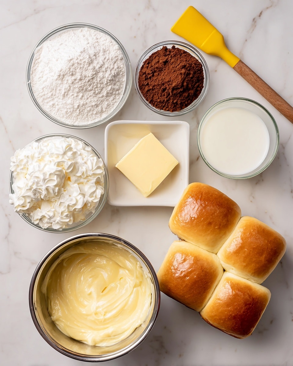 The image shows a white marbled surface with several baking ingredients arranged neatly. At the top left is a glass bowl with white powdered sugar and brown cocoa powder side by side. Next to it on the right is a small glass container filled with white milk. Below these is a small white dish holding a pat of yellow butter. To the right of the butter is a cluster of six golden-brown Hawaiian rolls stacked in two rows. At the bottom left is a shiny metal mixing bowl filled halfway with creamy yellow vanilla pudding on the right side and white whipped cream on the left side, both contrasting in color and texture. A yellow silicone spatula with a wooden handle lies diagonally at the top left corner. The whole setup is clean and bright, photo taken with an iphone --ar 4:5 --v 7
