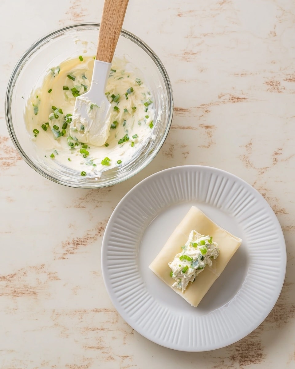 The image shows two parts: on the left, a clear glass bowl holds a creamy white mixture with chopped green onions sprinkled on top, and a white spatula resting inside the bowl. On the right, a white plate with a ridged edge displays a single light beige square wrapper placed flat in the center, topped with a small dollop of the same white creamy mixture mixed with green onion pieces. The surface beneath is a white marbled texture. Photo taken with an iphone --ar 4:5 --v 7