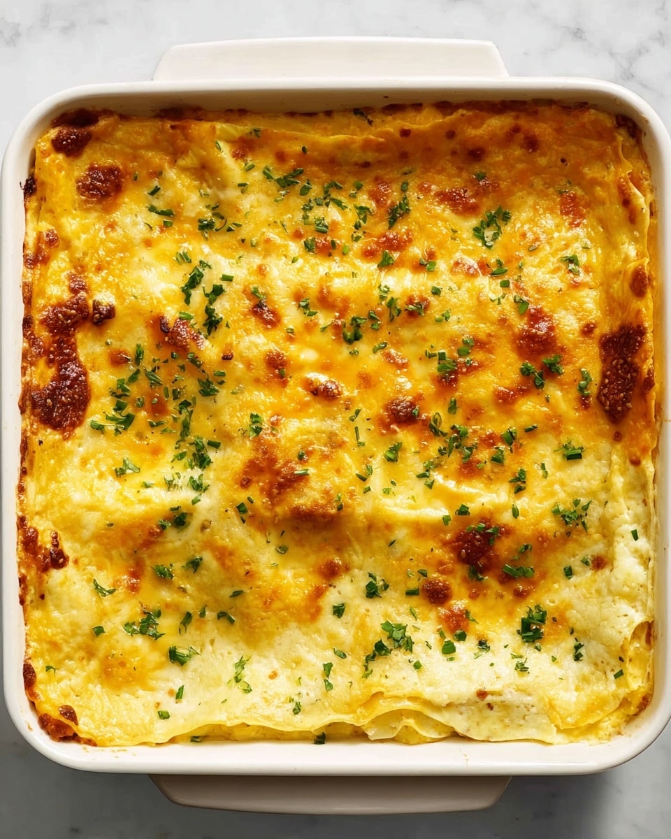 A white rectangular baking dish filled with a lasagna that has a top layer of melted yellow cheese with brown spots and small green herb pieces sprinkled across it. The lasagna shows slightly uneven cheese coverage with some areas lighter and creamier and others more browned and crispy. The edges of the dish reveal the layered pasta beneath the cheese. The dish is placed on a white marbled surface. Photo taken with an iphone --ar 4:5 --v 7