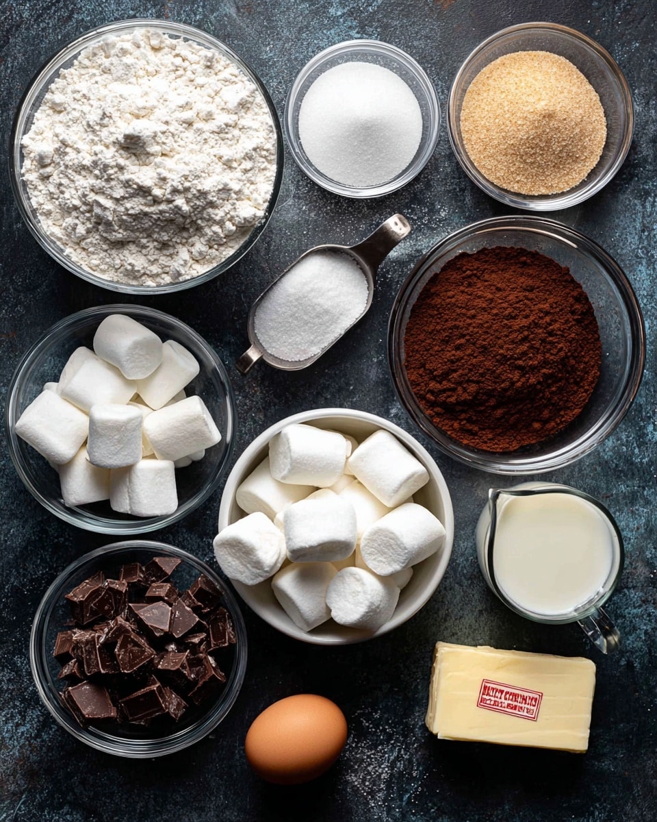 The image shows a dark textured surface with various baking ingredients arranged neatly. In the middle is a large clear glass bowl filled with white flour and salt. Above it, slightly to the right, is a clear bowl divided into two parts with white sugar and light brown sugar side by side. To the right of that is a small silver cup filled with cocoa powder and another one below it with hot cocoa mix. Below the big bowl of flour is a clear glass measuring cup filled with small pieces of dark chocolate. To the left of the flour bowl is a white bowl filled with large white marshmallows. Above the marshmallows is a small glass cup of milk and a smaller glass cup of vanilla extract. Above that is a single brown egg and a stick of yellow butter with red writing. Near the bowl of hot cocoa mix is a small glass cup labeled baking soda. All the items are placed on a dark surface. photo taken with an iphone --ar 4:5 --v 7