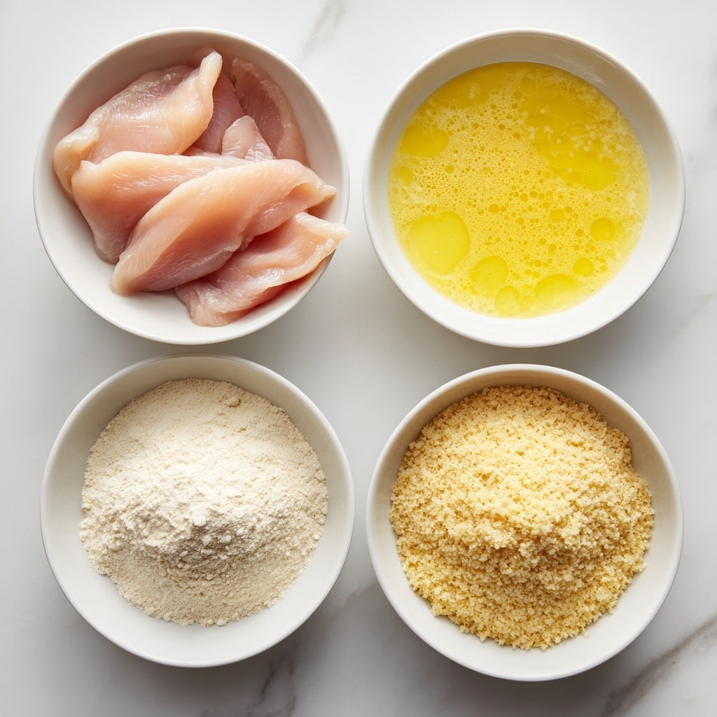 Four white bowls are arranged on a white marbled surface. Starting from the top right and moving clockwise, the first bowl contains several pieces of raw, light pink chicken slices with smooth, shiny textures. The next bowl holds fine white flour with a soft, powdery texture. The third bowl has bright yellow beaten eggs with small bubbles on the surface, creating a slightly frothy look. The last bowl is filled with pale yellowish breadcrumbs, showing a coarse, grainy texture. All bowls have a clean and simple design. Photo taken with an iphone --ar 4:5 --v 7