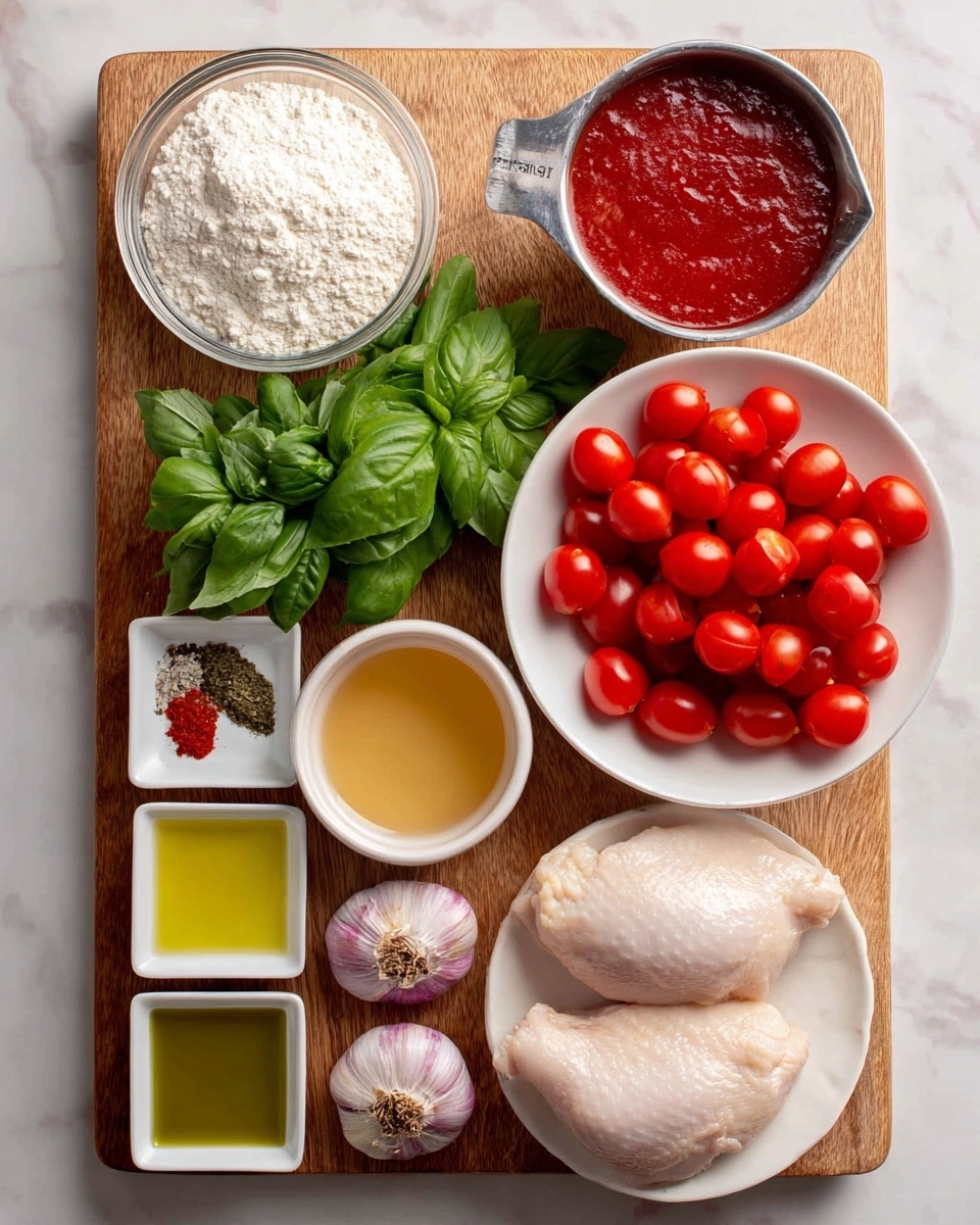 The image shows a wooden board with various cooking ingredients neatly arranged. At the top right, two raw chicken pieces sit on a white plate. Below them is a white bowl full of bright red cherry tomatoes. Next to that is fresh green basil placed directly on the board. Moving left, there is a white bowl filled with light golden chicken broth. Above it, a metal measuring cup holds deep red tomato puree. Above that is a clear glass bowl filled with white flour. To the far left, three small white square dishes hold green extra virgin olive oil, salt with black pepper, and red pepper flakes from top to bottom. At the bottom left corner on the board, three cloves of purple-skinned garlic rest. The background is a white marbled surface. Photo taken with an iphone --ar 4:5 --v 7