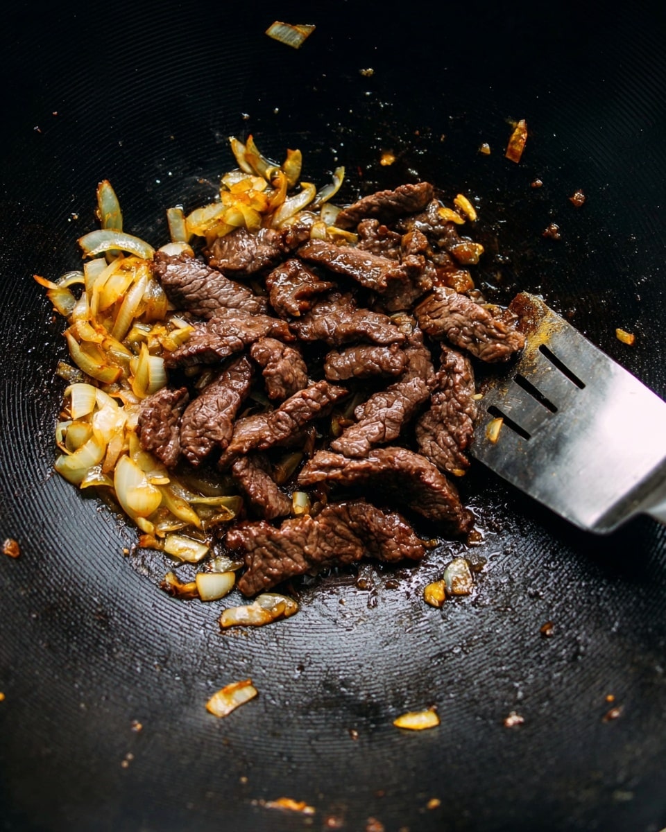 The image shows a black wok with cooked sliced brown beef placed in the center over a bed of cooked yellow-white onion pieces scattered around the beef. There is some brown sauce covering the beef and onions, giving them a shiny texture. A metal spatula rests on the right edge of the wok, with its handle extending outward. The wok surface is dark with some specks of oil and small bits of food. The overall look is rich and sizzling, with the ingredients clearly separated. The photo is taken with an iphone --ar 4:5 --v 7