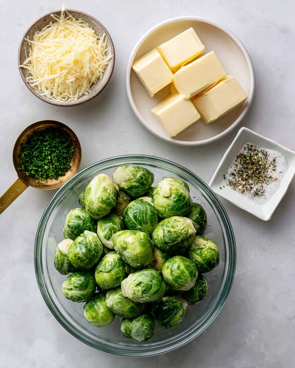 A clear glass bowl filled with many green halved Brussels sprouts sits at the bottom center on a white marbled surface. Above it, there is a small white bowl with three rectangular blocks of pale yellow butter. To the right of the butter, there is a small white square dish holding mixed seasoning with colors of white, green, and black. Below the butter, a small brown bowl contains finely chopped dark green chives. To the left of the Brussels sprouts bowl, a gold measuring cup holds light yellow grated Parmesan cheese. photo taken with an iphone --ar 4:5 --v 7