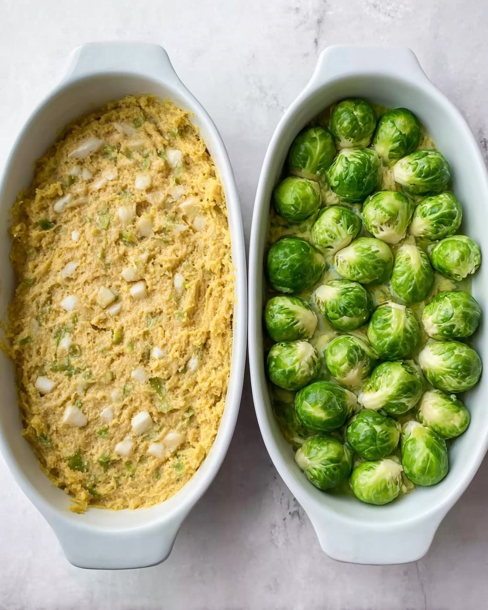 The image shows two white oval baking dishes side by side on a white marbled surface. The dish on the left is filled with a rough-textured yellowish mixture spread evenly across the bottom, with visible white chunks scattered throughout. The dish on the right has the same base mixture, but it is topped with a single layer of bright green Brussels sprouts arranged close together, covering the entire surface of the mixture below. Photo taken with an iphone --ar 4:5 --v 7