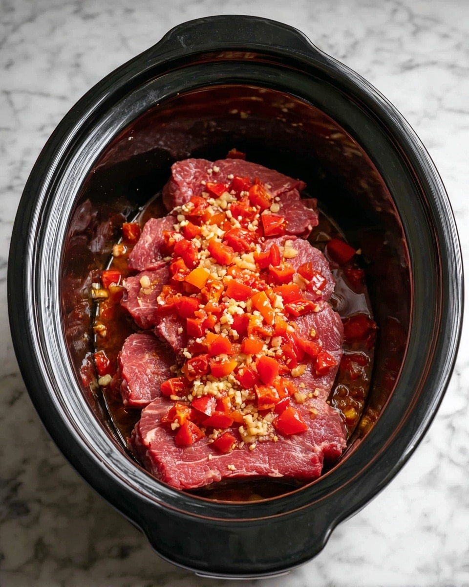 A black slow cooker filled with three layers of raw pinkish-red meat stacked closely, covered generously with a mix of diced orange and red tomatoes, along with small bits of light brown minced garlic spread evenly across the top and sides. The dish sits on a white marbled textured surface. photo taken with an iphone --ar 4:5 --v 7