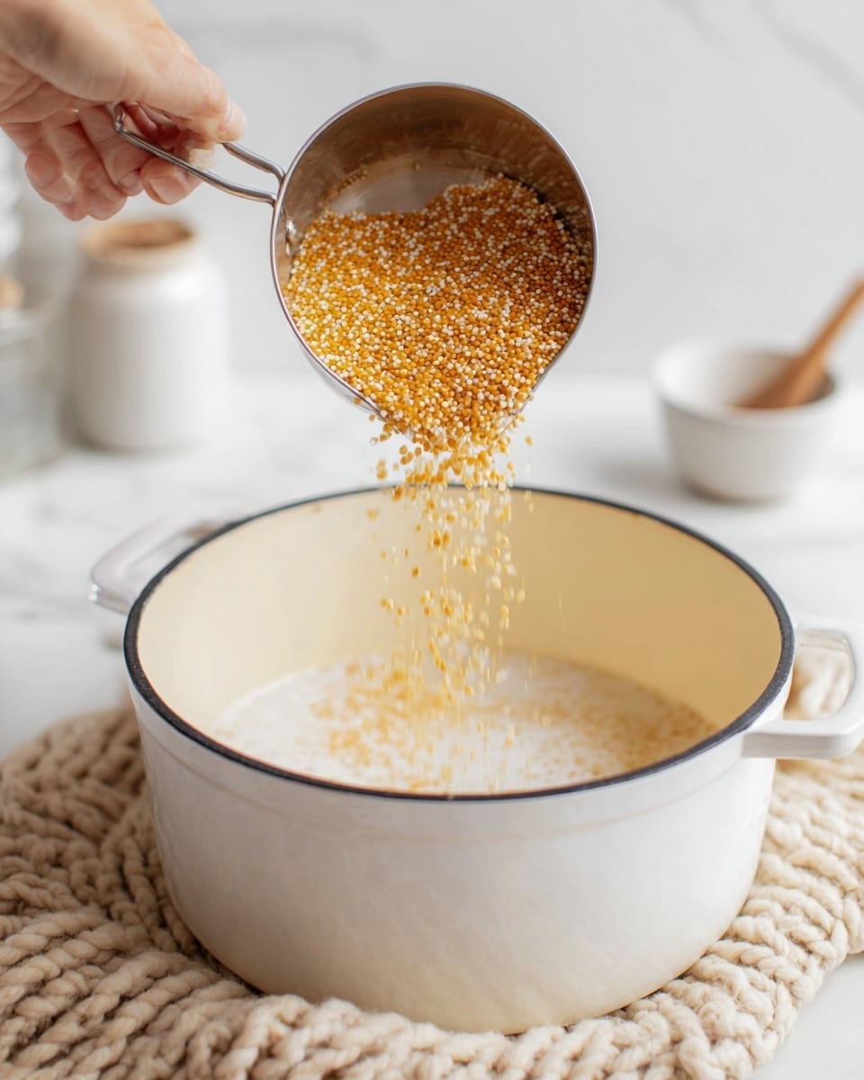 A woman's hand is pouring small yellow and orange grains from a silver measuring cup into a large white pot with a black rim, which contains a clear liquid. The pot sits on a chunky beige knitted mat on a white marbled surface. In the background, there are blurred kitchen items including a small white container and a white bowl with a wooden spoon. The image is bright and clear, focusing on the motion of the grains falling into the pot photo taken with an iphone --ar 4:5 --v 7