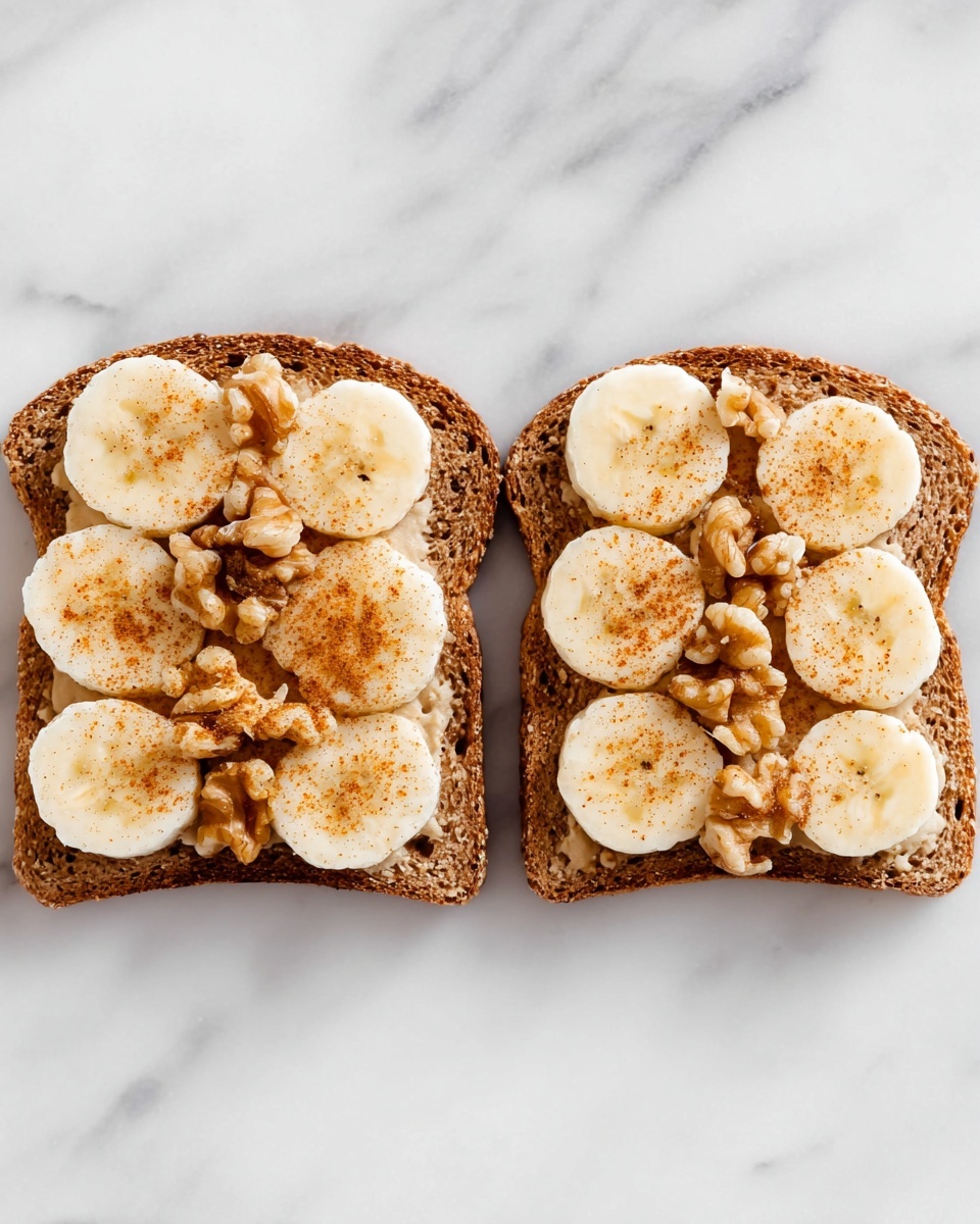 Two slices of brown whole grain bread lie flat on a white marbled surface. Each slice is topped evenly with a layer of round, white banana slices arranged close together, almost covering the bread. Scattered on top of the bananas are small chunks of light brown walnuts. A light dusting of cinnamon powder is sprinkled over the bananas and nuts, giving a warm orange-brown tone on the white and beige toppings. The overall look is neat and simple, showing two similar pieces side by side. photo taken with an iphone --ar 4:5 --v 7