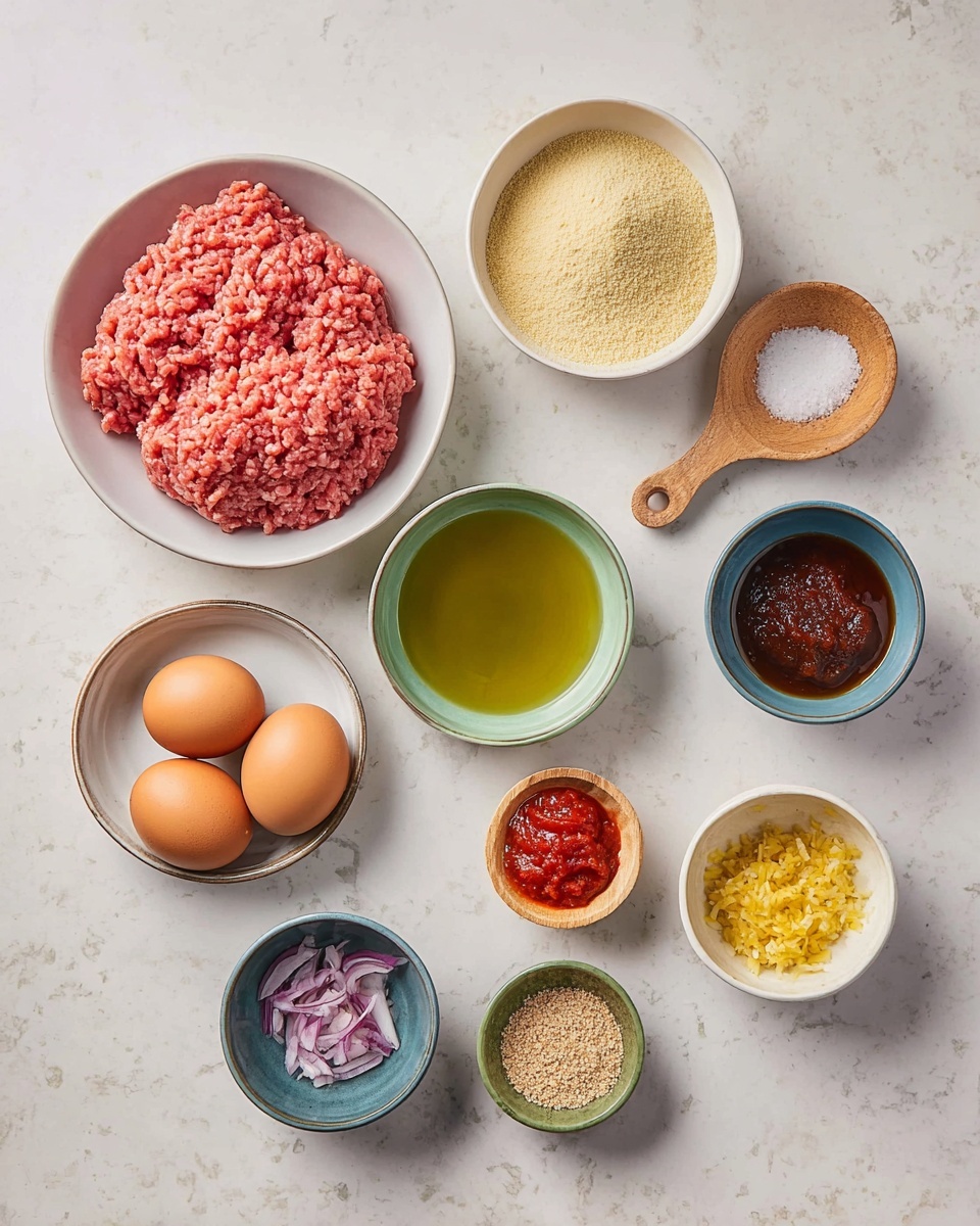 Korean BBQ Meatballs with Spicy Mayo Dip Recipe 1 The image shows ingredients arranged on a white marbled surface. On the left is a white bowl filled with raw pink ground meat. Below that, another white bowl holds a pale yellow powder. In the center, a small white bowl contains two brown eggs. Above it is a green bowl with a light golden liquid, and at the bottom right, another green bowl has a dark sauce. To the right, three small brown bowls contain red tomato paste, yellow minced garlic, and chopped purple onion. A blue-green bowl near the center holds light brown breadcrumbs, and a small wooden bowl contains pink salt and black pepper. The photo taken with an iphone --ar 4:5 --v 7