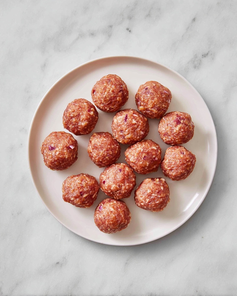 Korean BBQ Meatballs with Spicy Mayo Dip Recipe 2 A white plate holds fifteen round, raw meatballs arranged in a loose circular pattern. Each meatball is a reddish-brown color with small visible bits of white fat and purple onion mixed throughout. The texture looks coarse and moist, and the plate is set on a white marbled surface that contrasts softly with the meatballs. The overall look is simple and natural, focusing on the even shape and fresh appearance of the meatballs photo taken with an iphone --ar 4:5 --v 7
